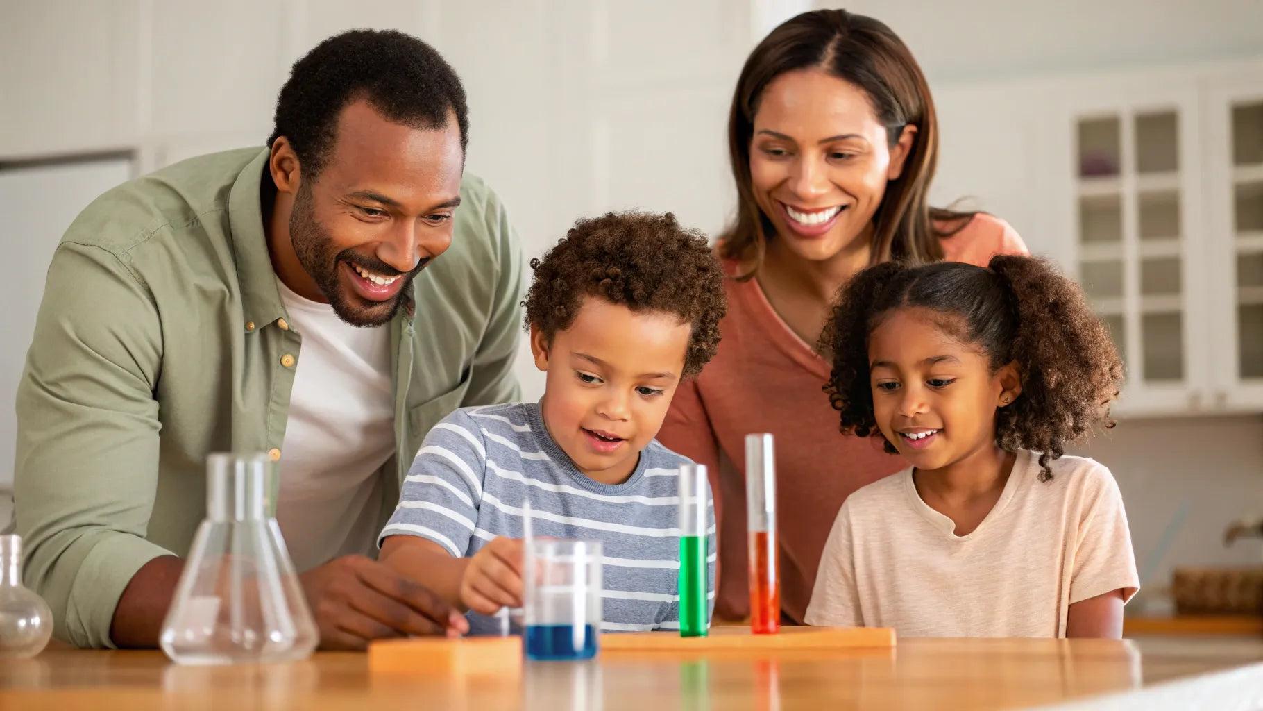 Family conducting a hands-on STEM science experiment together at a kitchen table