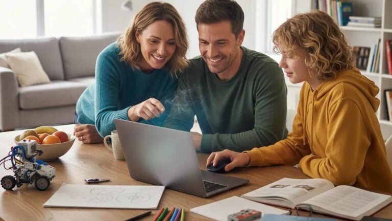 Parent and two children exploring educational technology together on a laptop at home