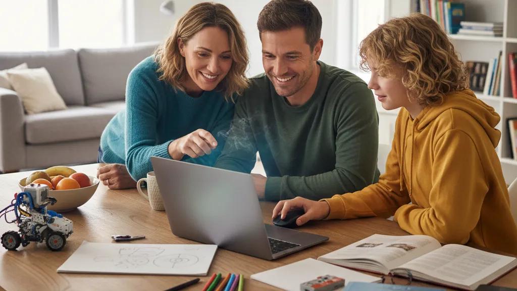 Parent and two children exploring educational technology together on a laptop at home