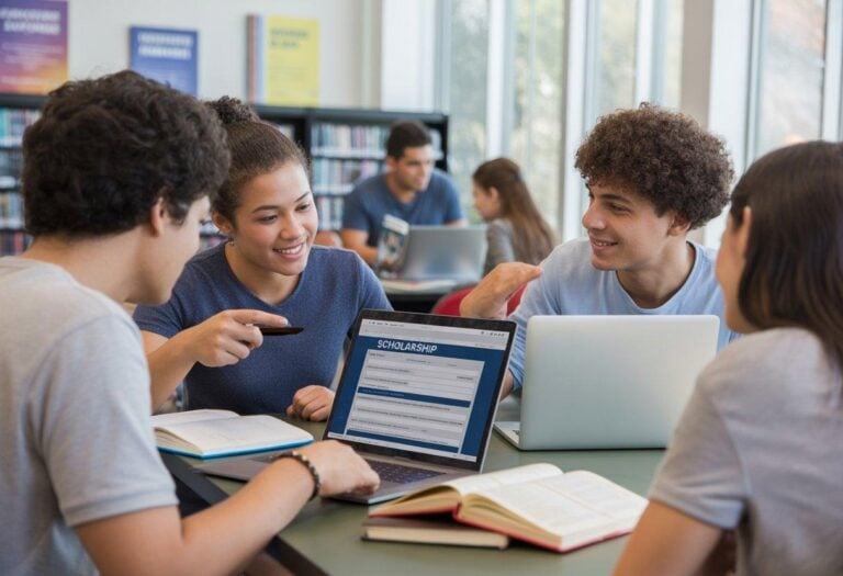 High school and college students researching STEM scholarship opportunities on laptops