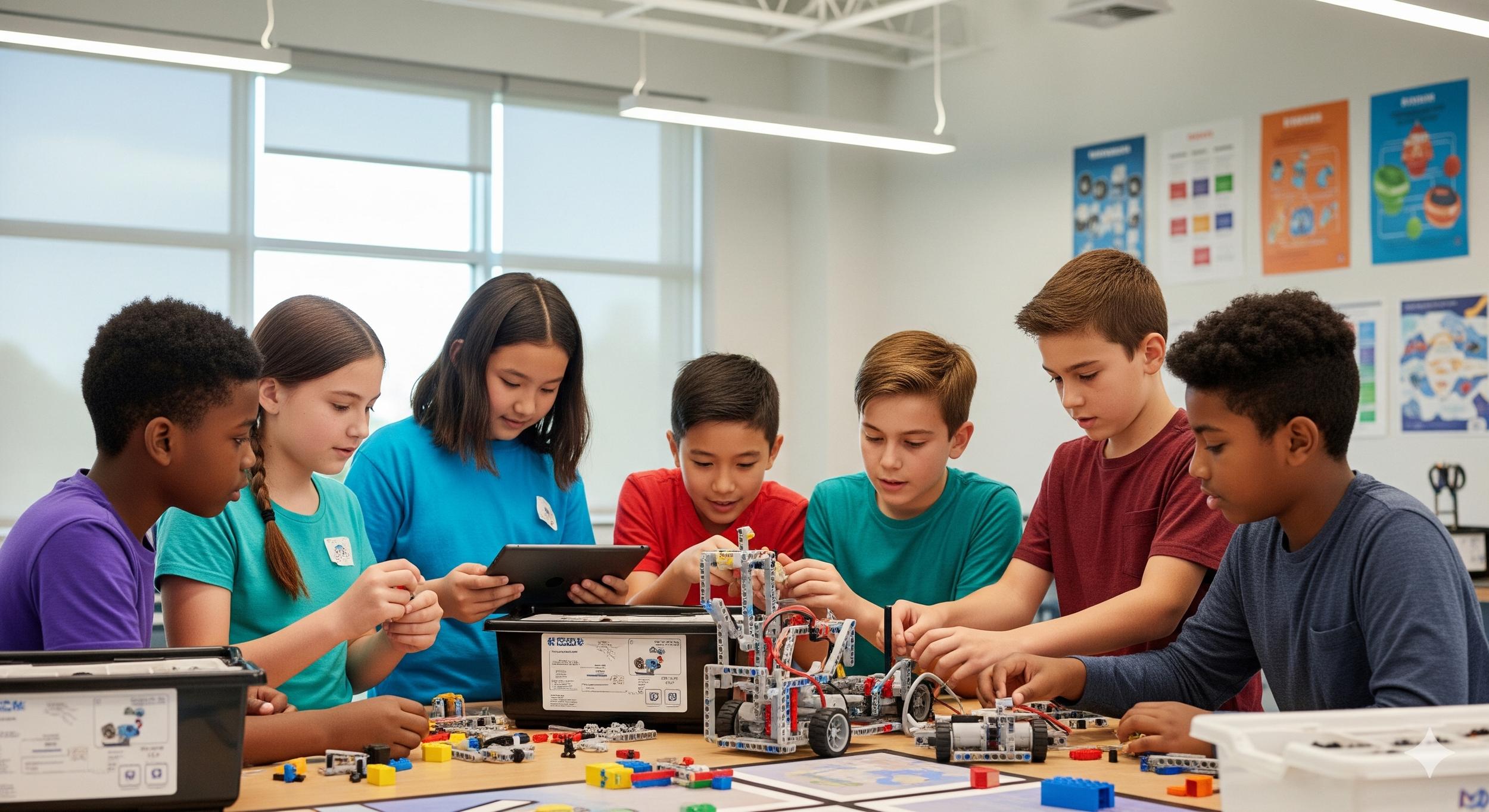 Elementary and middle school students collaborating on a robotics project during a STEM enrichment program