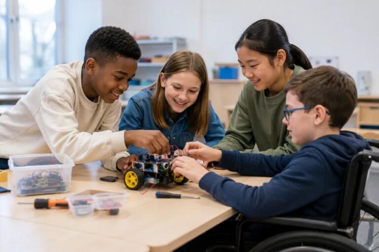 Students exploring STEM careers through a hands-on robotics activity